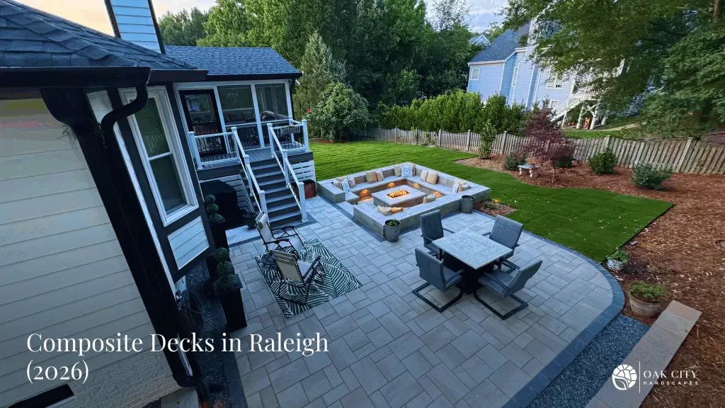 Composite deck outdoor living space in a Raleigh backyard with low-maintenance decking, modern railing, and a comfortable entertaining setup.