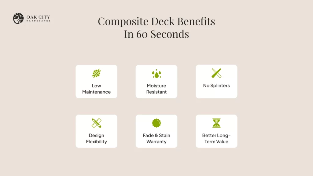 Icon-grid infographic showing composite deck benefits for Raleigh homeowners: low maintenance, moisture resistance, splinter-free comfort, fade and stain warranties, design options, and long-term value.