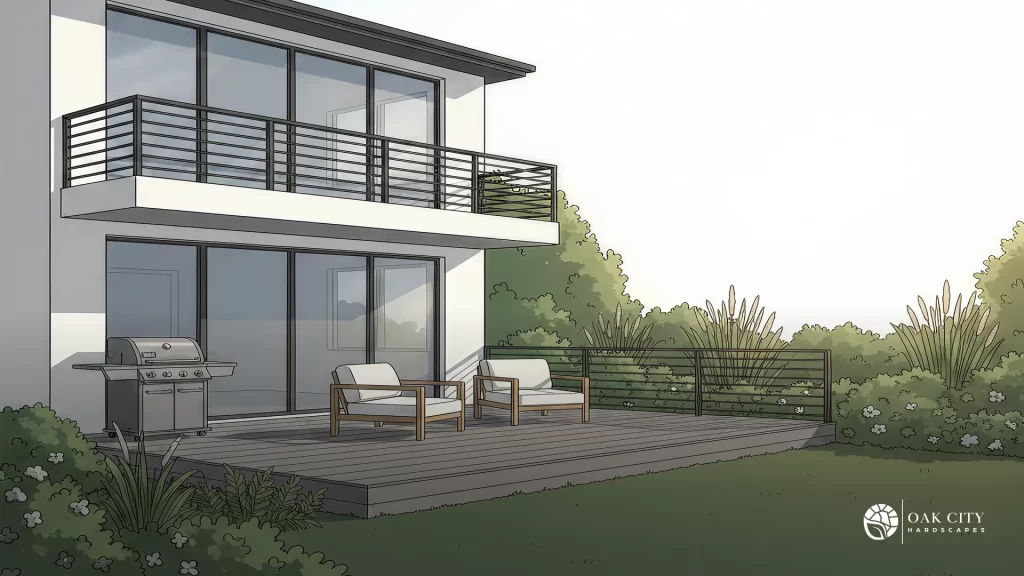 Clean illustration of a modern composite deck behind a Raleigh NC home, used for a guide to finding the best composite deck builders.