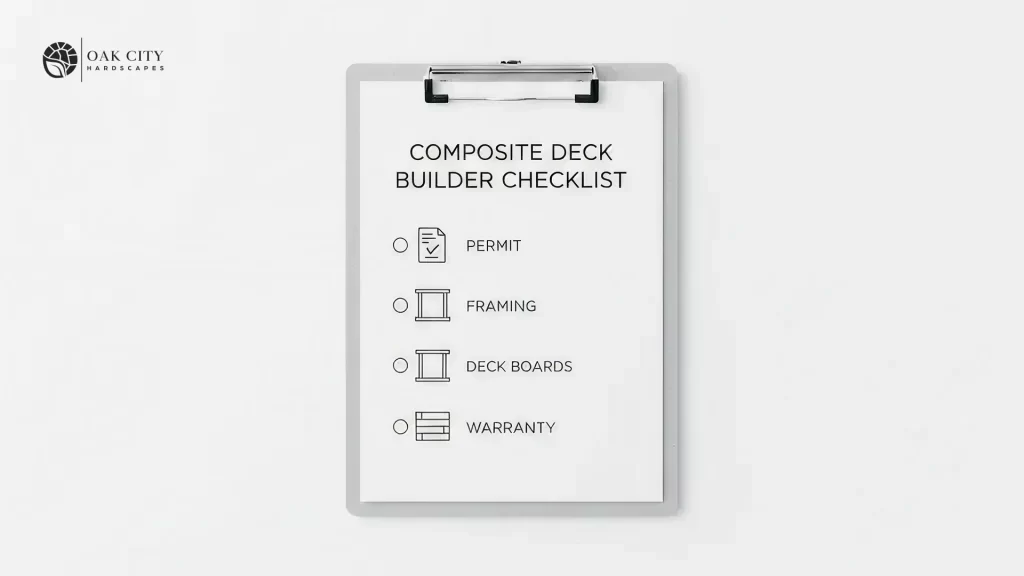 Minimal checklist graphic showing what Raleigh homeowners should review when hiring composite deck builders, including permits, framing, materials, and warranty.