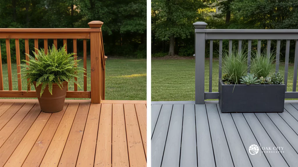 Minimal illustration comparing a wood deck and a composite deck in a Raleigh, NC backyard, showing the two surface options side by side for homeowners.