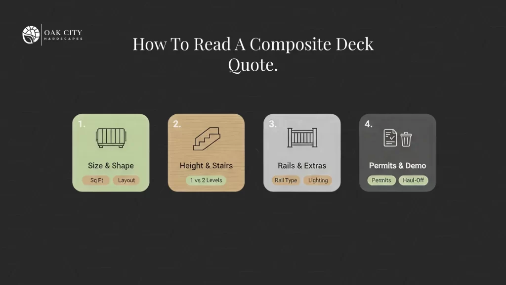Minimal infographic showing four quick checks for understanding composite deck cost in Raleigh: deck size and shape, height and stairs, railings and extras, and whether permits and demolition are included in the quote.