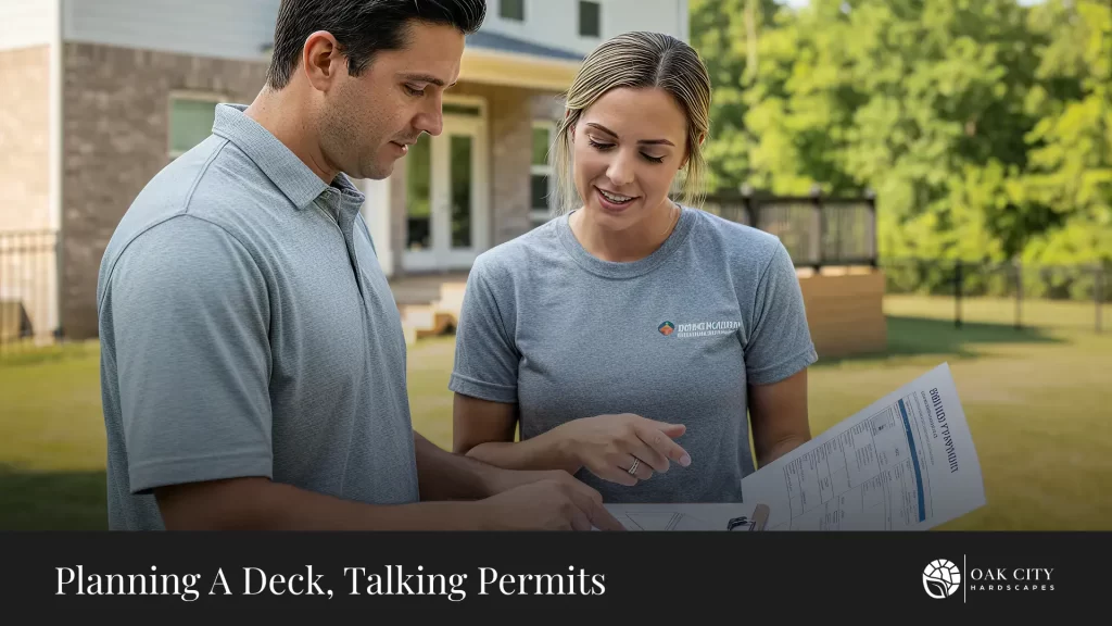Contractor and homeowner reviewing deck plans and a building permit application in a Raleigh backyard before starting construction.