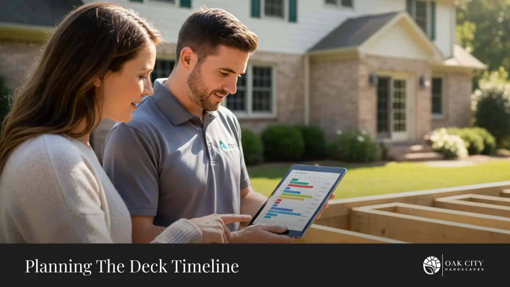 Contractor and homeowner reviewing a deck construction timeline and plans in a backyard before building.