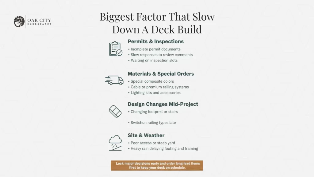 Infographic listing common reasons deck projects are delayed, including permits, special-order materials, mid-project design changes, and site or weather issues.