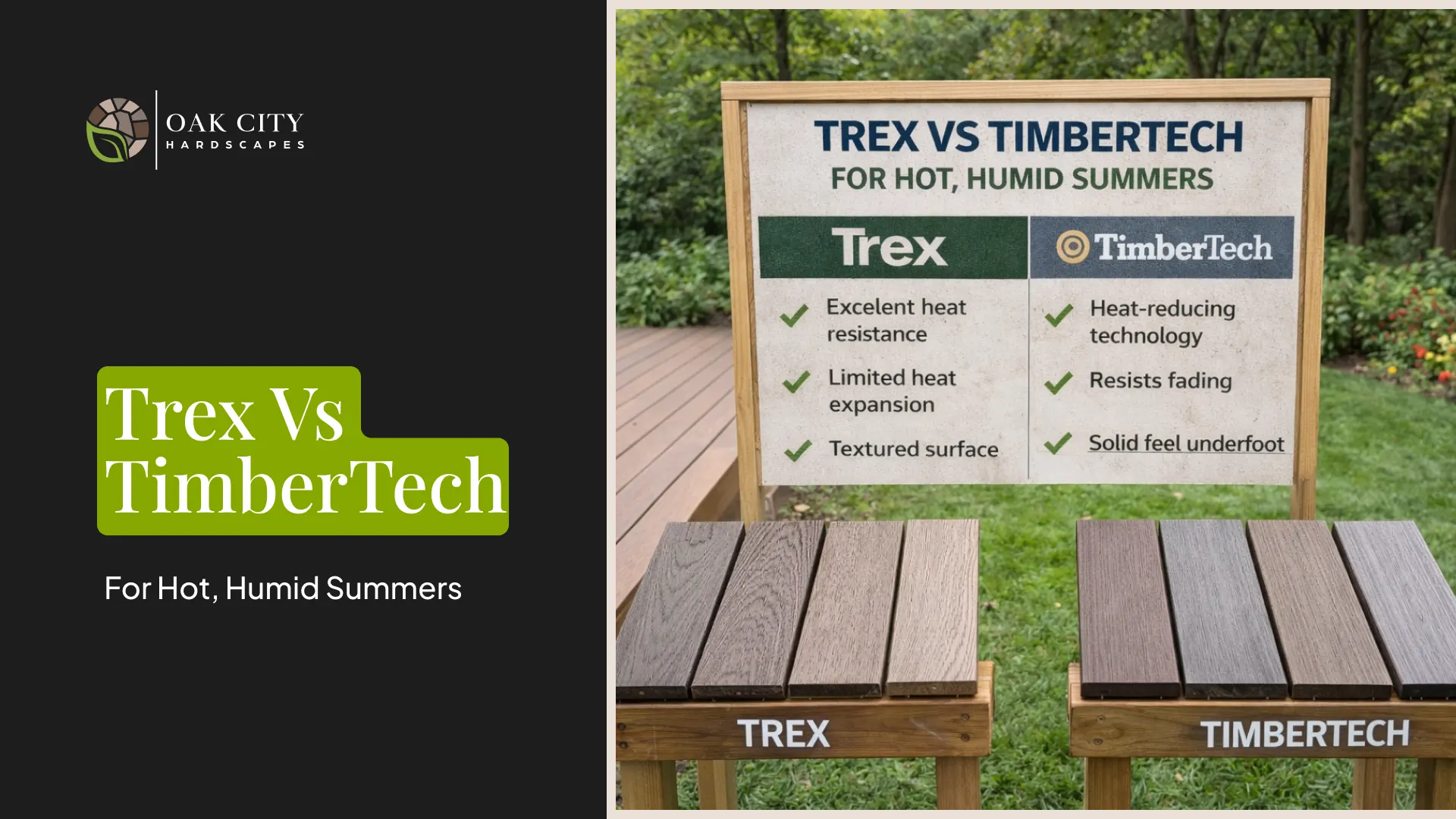 Trex vs TimberTech for hot, humid climates. Compare heat, moisture, traction, warranties, and pick the right line.