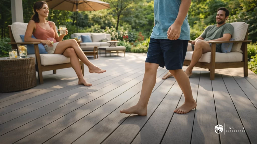 People walking barefoot on a composite deck in summer, showing comfortable deck use in hot, humid weather.