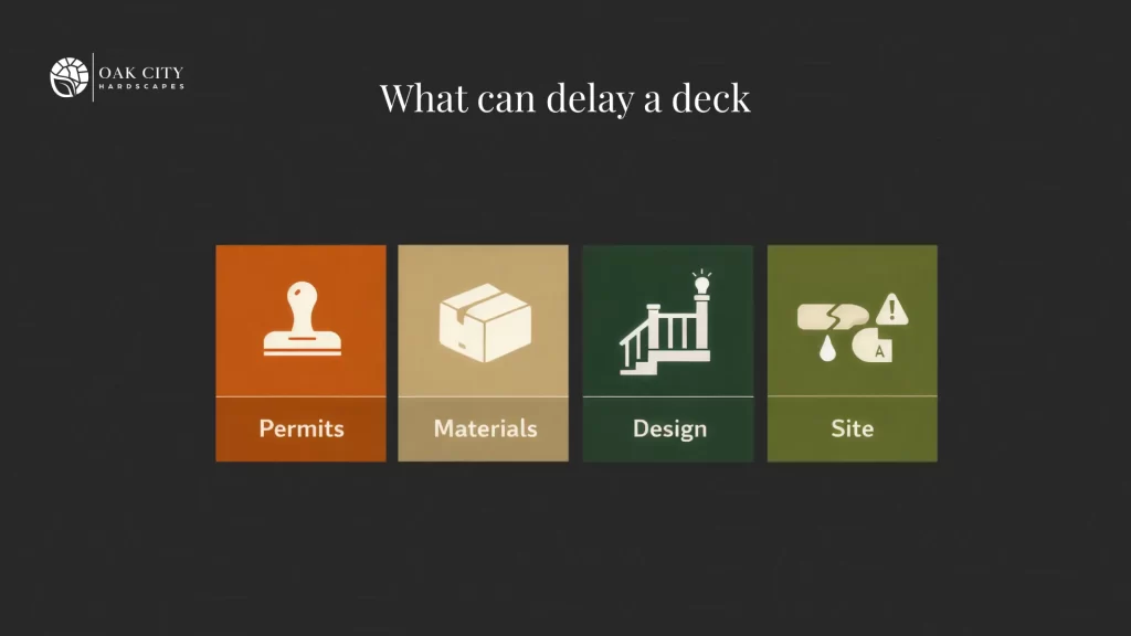 Four-icon grid highlighting common factors that change a composite deck installation timeline.