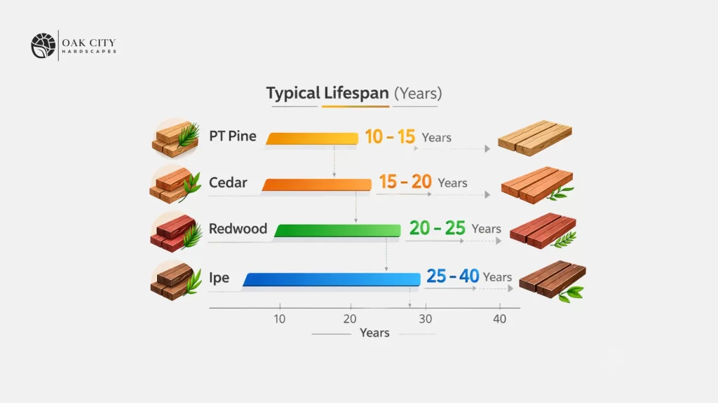 Horizontal bar chart comparing typical wooden deck lifespan ranges by wood type: pressure-treated pine, cedar, redwood, and ipe