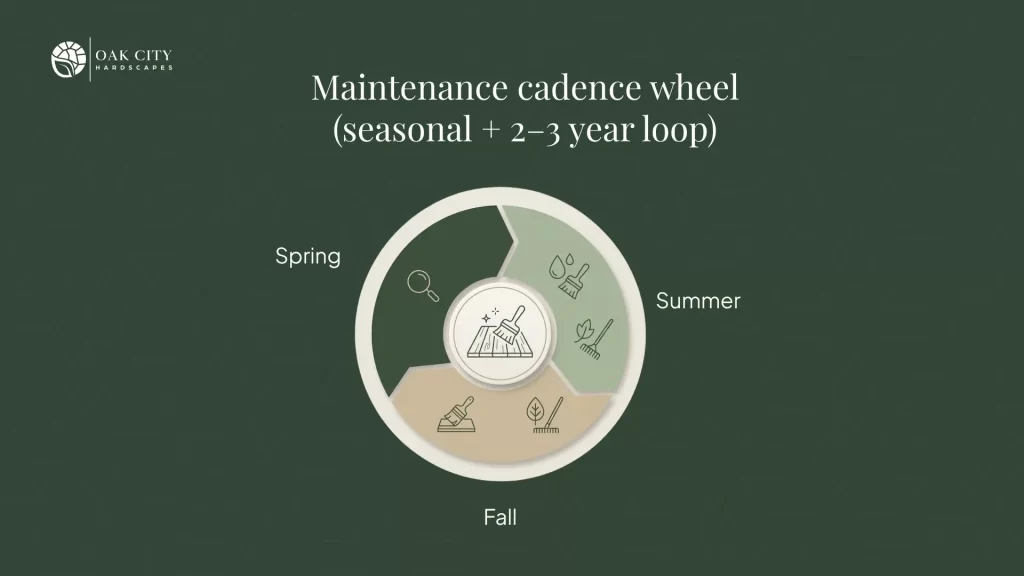 Simple maintenance schedule infographic for a wood deck showing seasonal tasks and a seal or stain cycle every 2–3 years