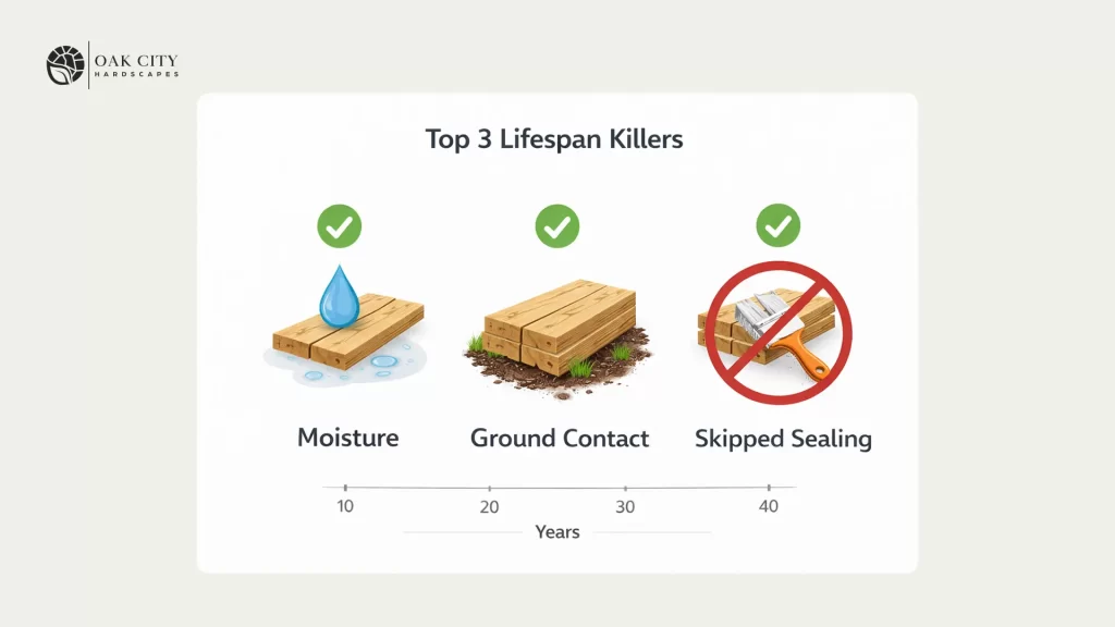 Icon row showing the top three factors that shorten pressure-treated wood deck lifespan: trapped moisture, ground contact or poor clearance, and skipped sealing or staining