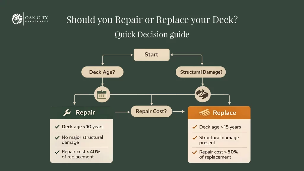 Deck repair vs replacement decision flowchart for Raleigh homeowners