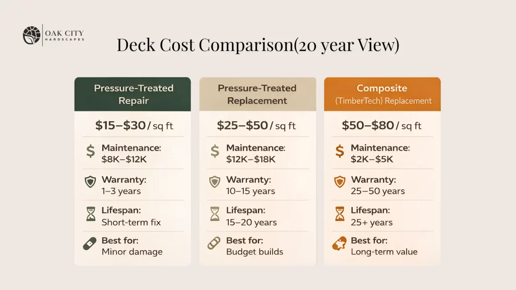 Raleigh deck repair vs replacement cost comparison infographic, including TimberTech composite pricing