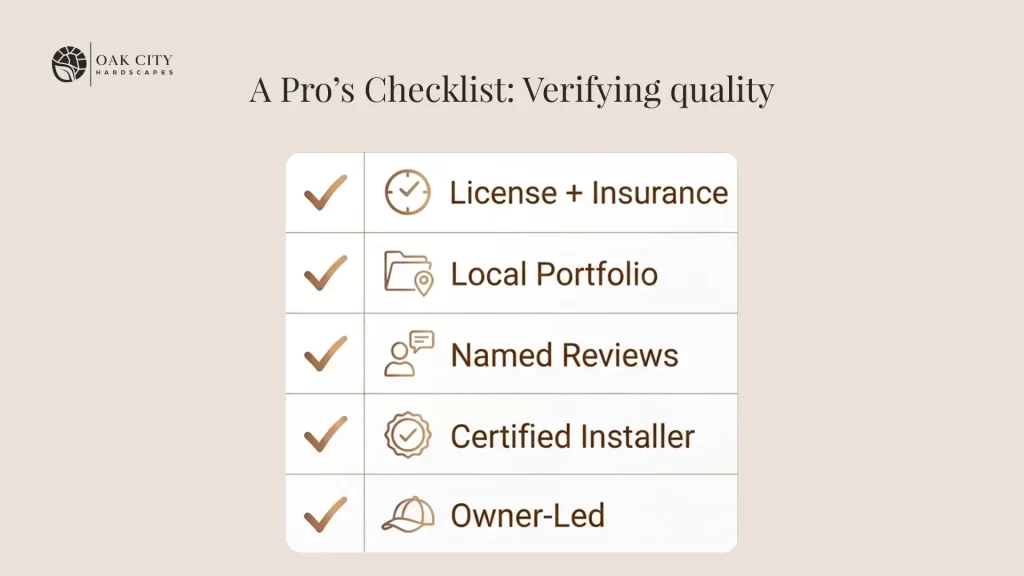 Checklist graphic showing what to look for when hiring the best deck builder in Raleigh