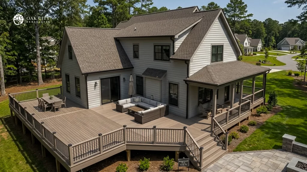 Wraparound composite deck on a Raleigh home built by Oak City Hardscapes