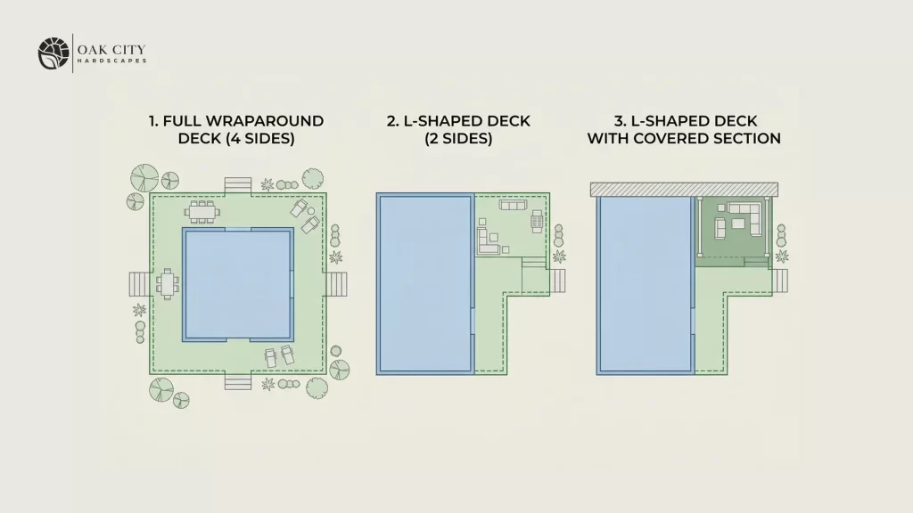 Diagram showing three wraparound deck layout configurations for Raleigh homes