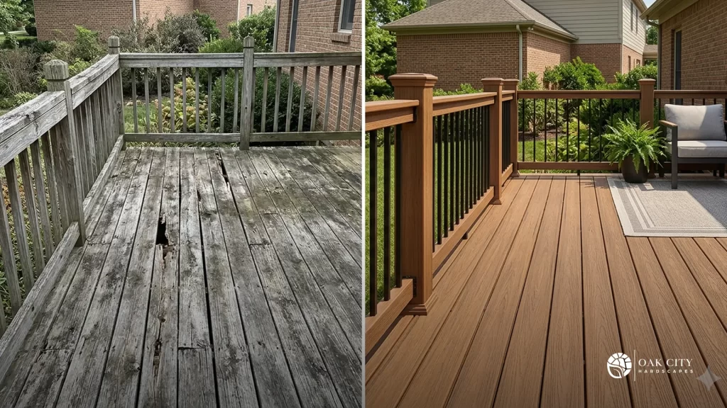 Side-by-side comparison of aging wood deck vs. new composite deck installation in Raleigh, NC