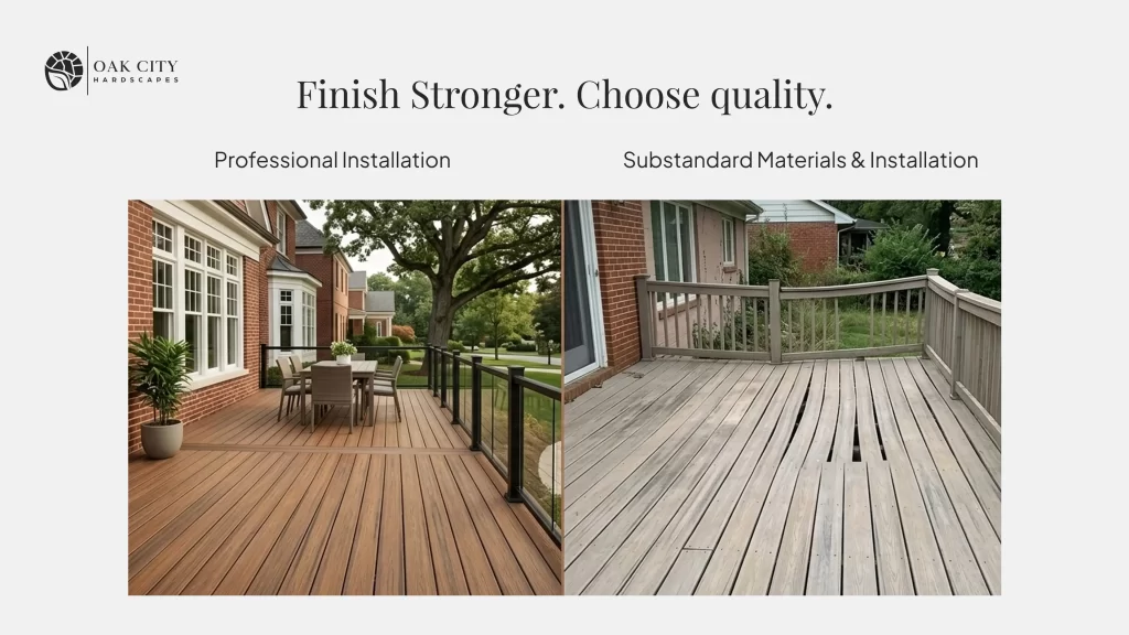 Oak City Hardscapes composite deck build Raleigh NC vs poor quality deck installation