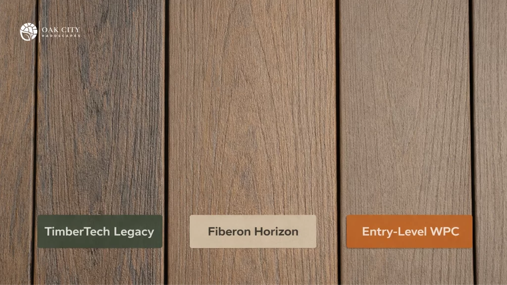 TimberTech Legacy, Fiberon Horizon, and entry-level composite decking boards side by side
