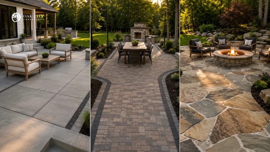 Comparison of paver, natural stone, and concrete patio surfaces for Raleigh NC homes