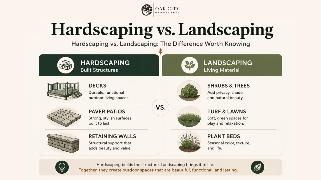 Comparison graphic showing the difference between hardscaping (built structures) and landscaping (plants and turf) for Raleigh homeowners