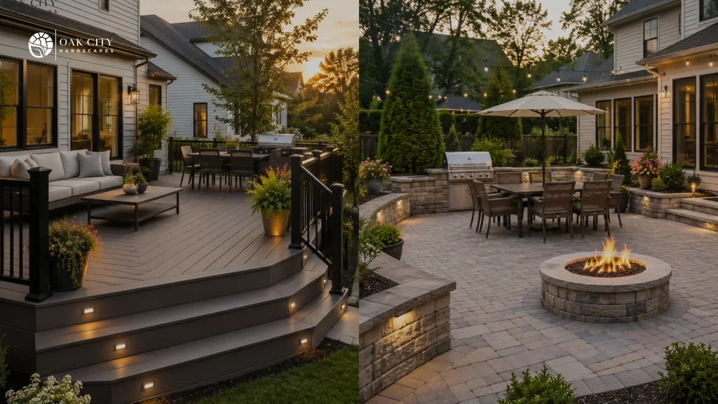 Composite deck and paver patio side by side in a Raleigh NC backyard