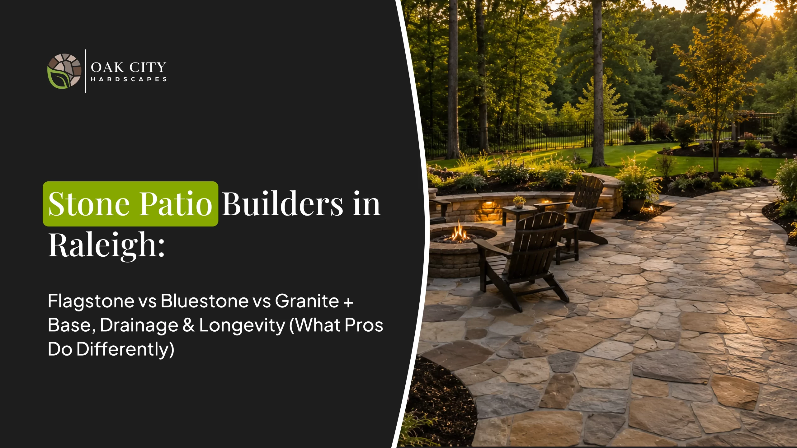 Stone patio installation in Raleigh featuring a natural flagstone patio, curved hardscape design, outdoor seating area, and landscaped backyard with mature trees.
