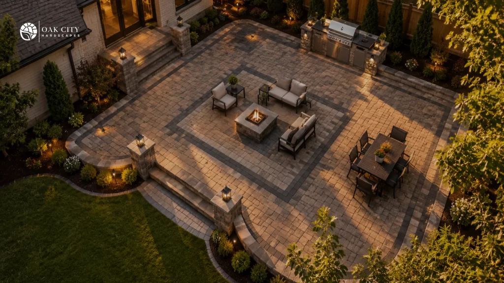 Completed paver patio installed by Oak City Hardscapes in Raleigh NC