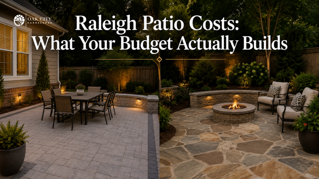 Comparison of concrete paver and natural stone patios showing what different patio budgets can achieve in Raleigh NC.
