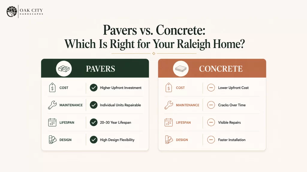 Comparison of paver patios and concrete patios showing cost, maintenance, lifespan, and design flexibility for Raleigh homeowners