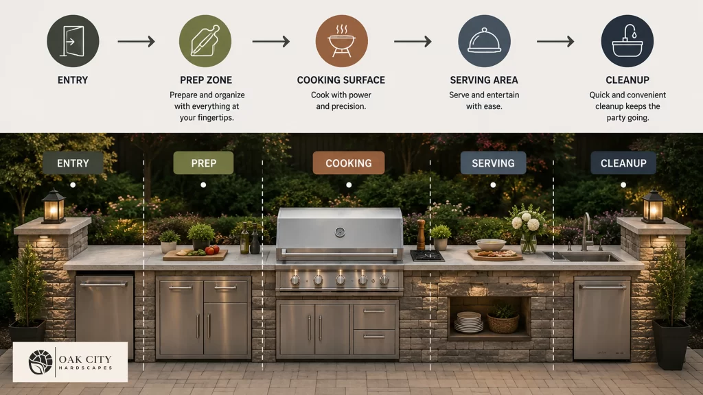 Outdoor kitchen workflow diagram showing entry, prep, cooking, serving, and cleanup zones for a functional backyard kitchen design.