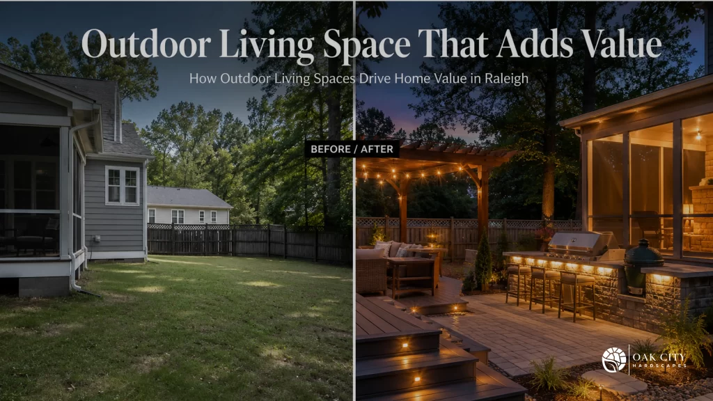 Before and after comparison of a Raleigh backyard transformed with a composite deck, pergola, outdoor kitchen, patio, and screened porch.