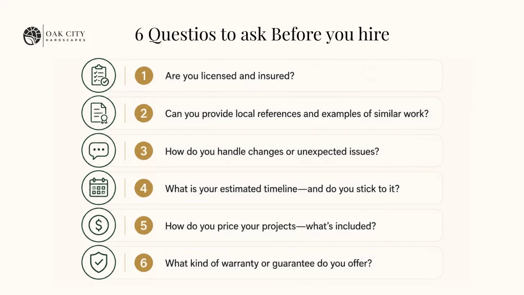 Checklist showing six important questions homeowners should ask before hiring an outdoor kitchen contractor.