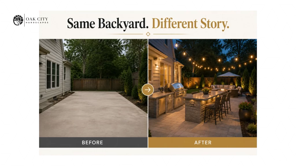 Before and after comparison of a backyard transformed into a custom outdoor kitchen and outdoor living space by Oak City Hardscapes.