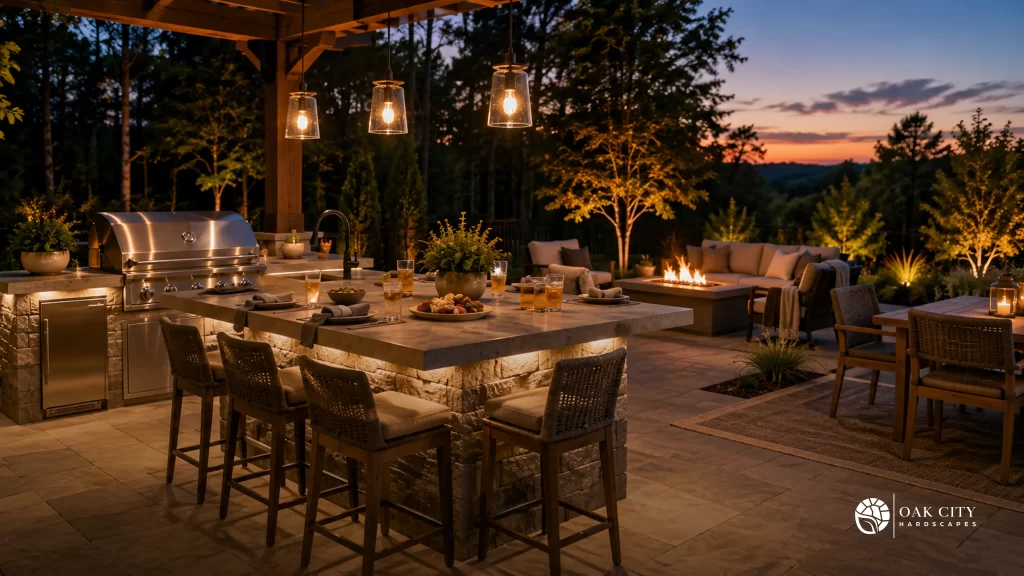 Custom outdoor kitchen with built-in grill, stone island, seating, and ambient lighting in a Raleigh backyard.