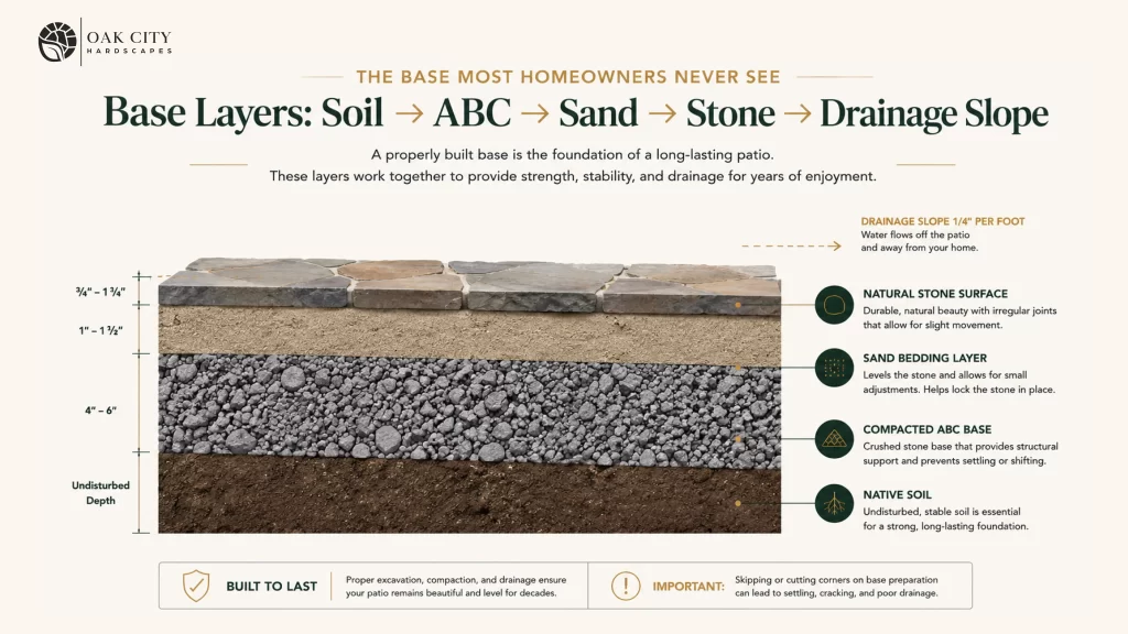 Cross-section illustration showing soil, compacted base, sand, stone, and drainage layers required for a durable outdoor kitchen patio foundation.