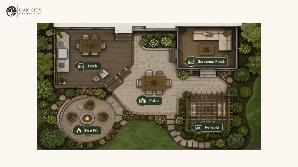 Overhead layout of an outdoor living space showing a composite deck, patio, screened porch, fire pit, and pergola for a Raleigh home.