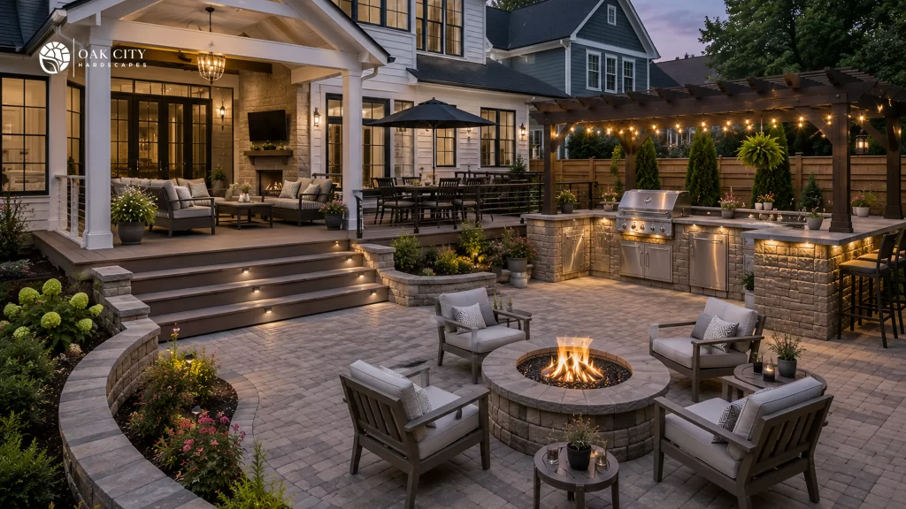 Custom outdoor living space in Raleigh featuring a covered deck, outdoor kitchen, fire pit, and patio designed and built by Oak City Hardscapes
