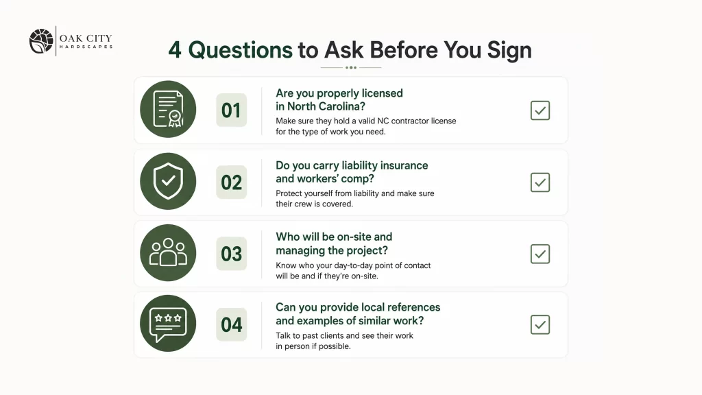 Checklist of four important questions to ask outdoor living contractors before hiring in Raleigh, including licensing, insurance, project management, and references