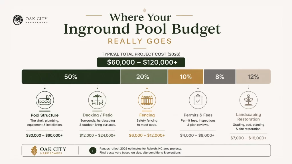 Infographic showing the breakdown of inground pool costs including pool structure, decking, fencing, permits, and landscaping restoration