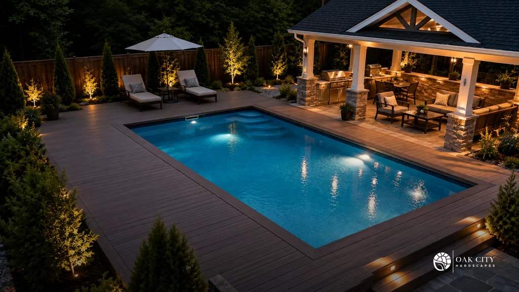 Finished Raleigh backyard featuring an inground pool, composite decking, outdoor kitchen, and landscaped outdoor living space